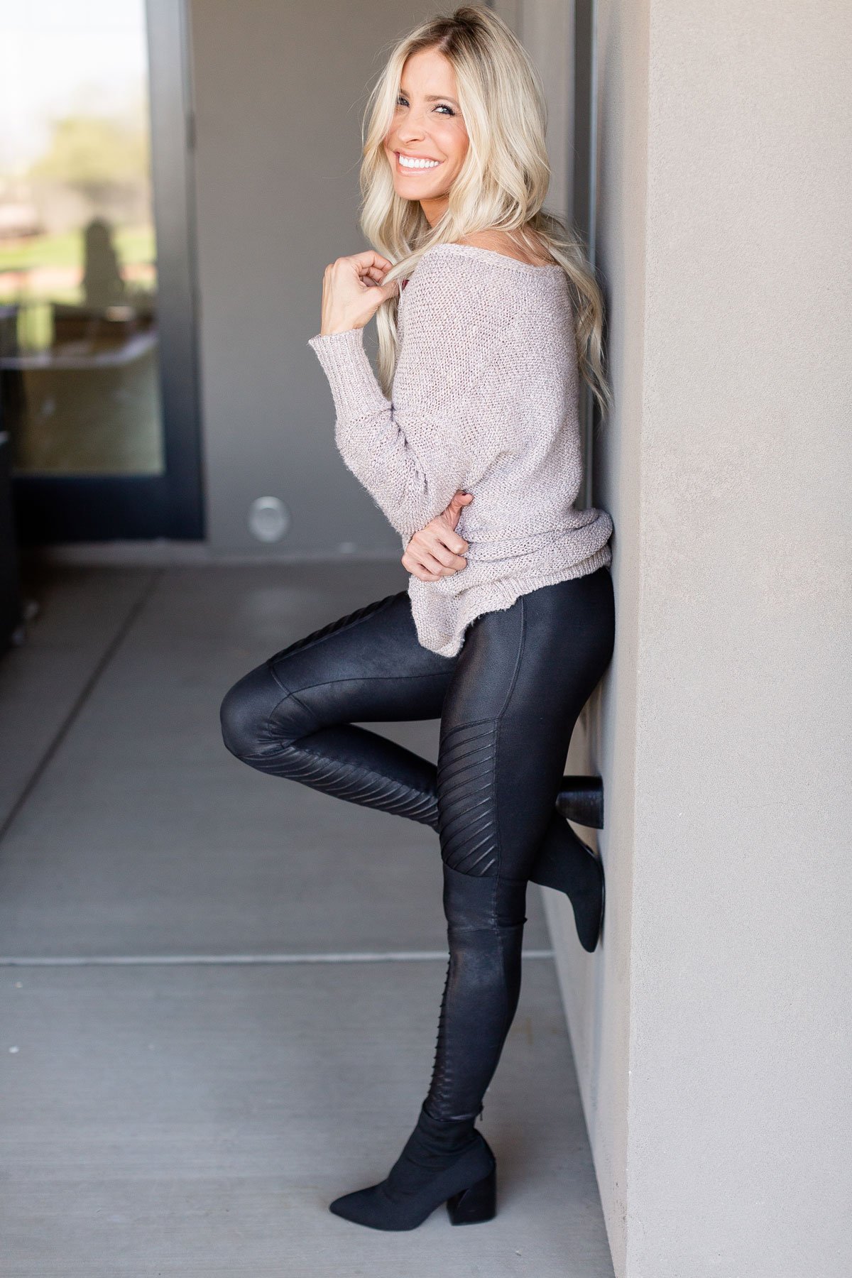 Busy Mom Date Night Outfit: Spanx Moto Leggings + Sweater - Heidi