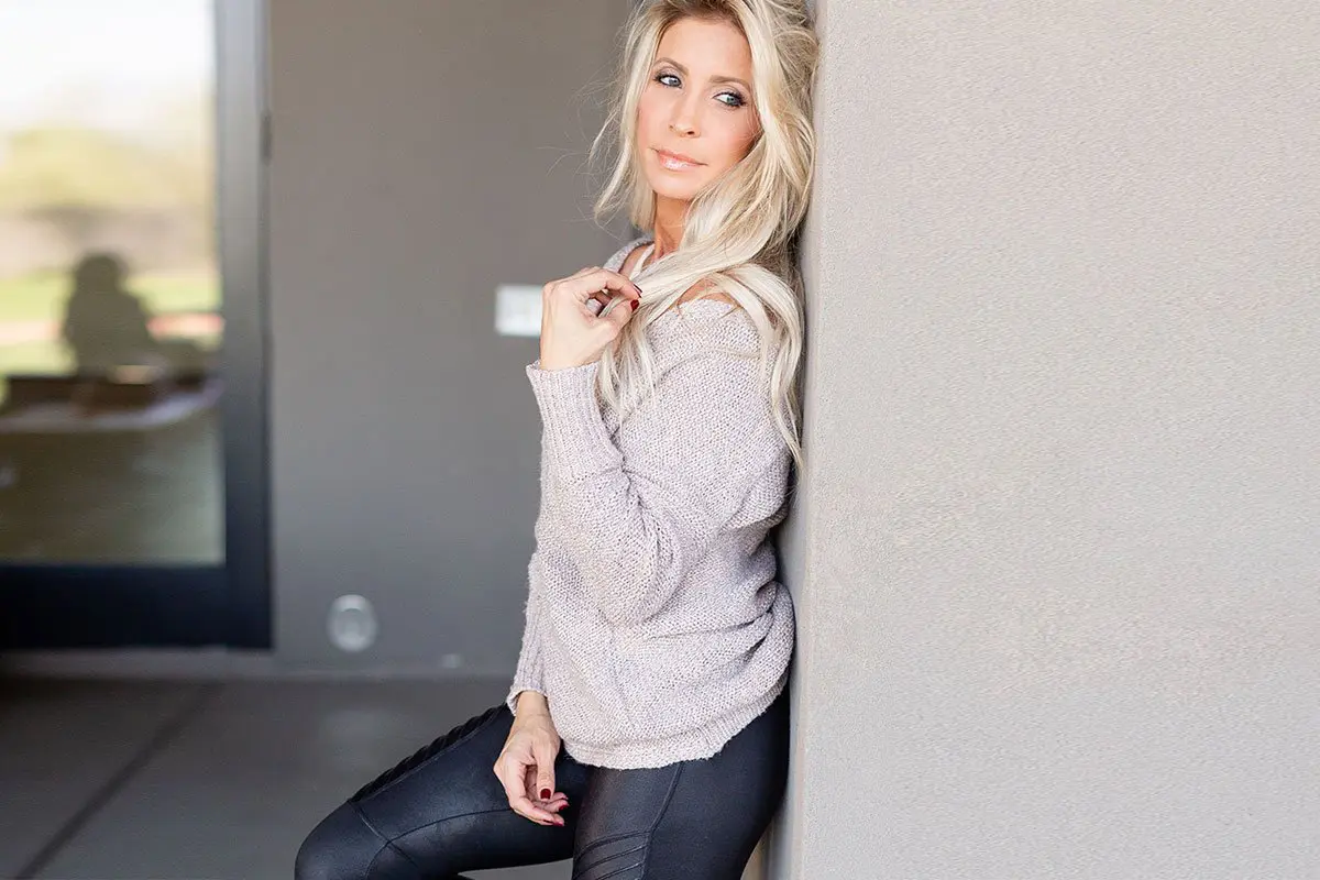 Busy Mom Date Night Outfit: Spanx Moto Leggings + Sweater - Heidi Powell